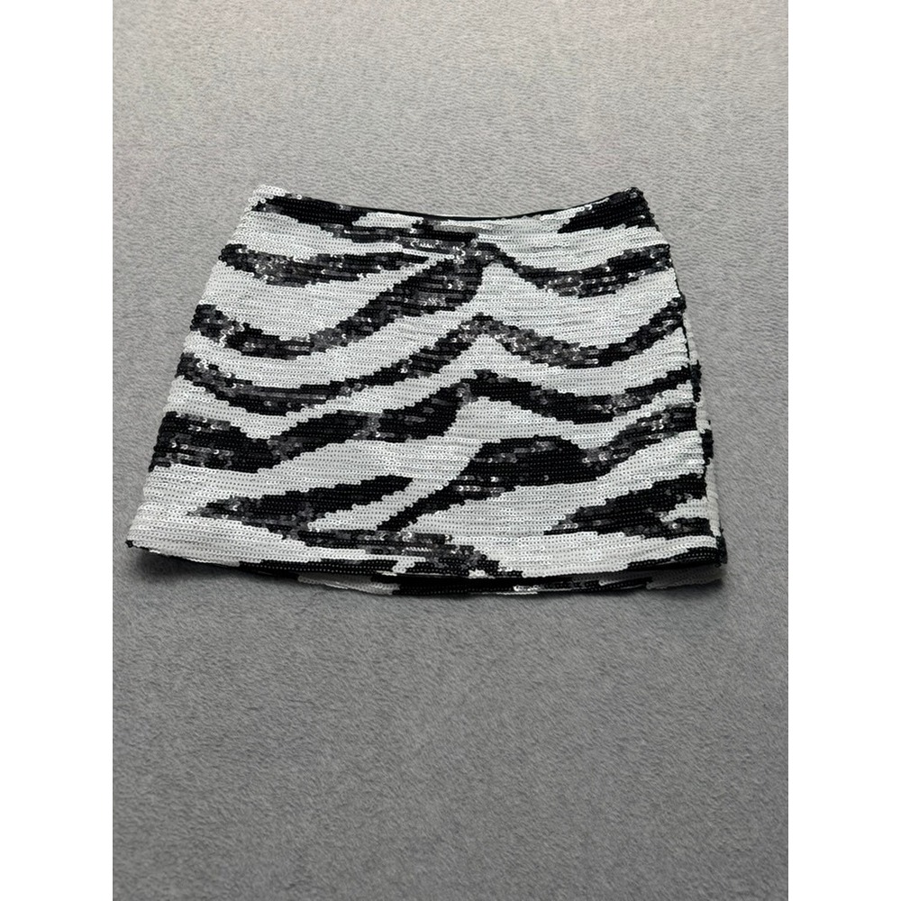 Zebra Print Sequin Mini Skirt Black White Animal Pattern Party Night Out Skirt